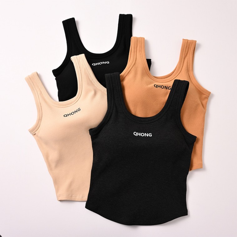 秋冬U領螺紋薄绒寬肩帶保暖bra背心(前胸印字母）安摩兒