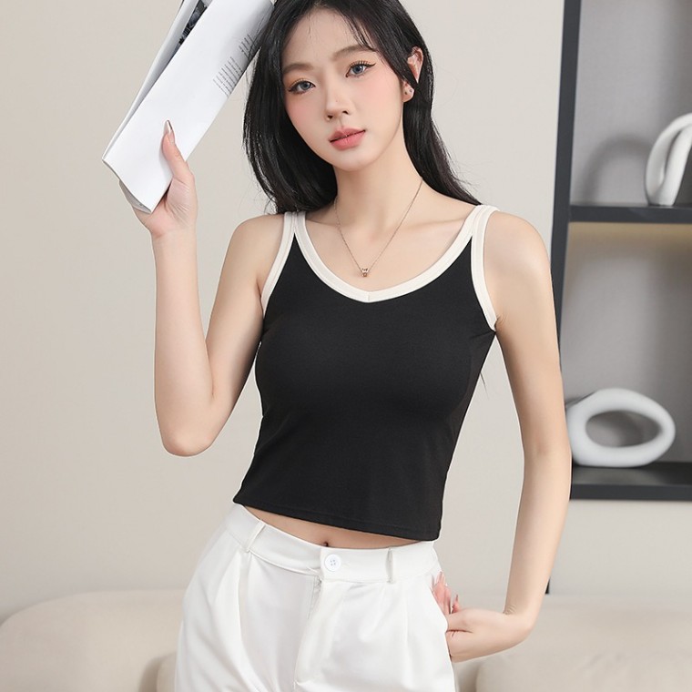  拼接撞色V领短款bra背心安摩兒