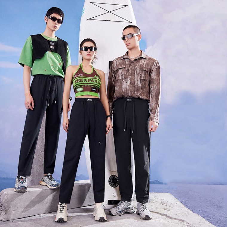 冰絲裸感黑色休閒防曬晶片褲直筒情侶涼感褲安摩兒