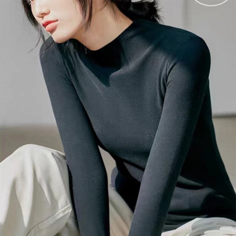 秋冬半高領長袖超薄恆溫保暖衣黑色安摩兒